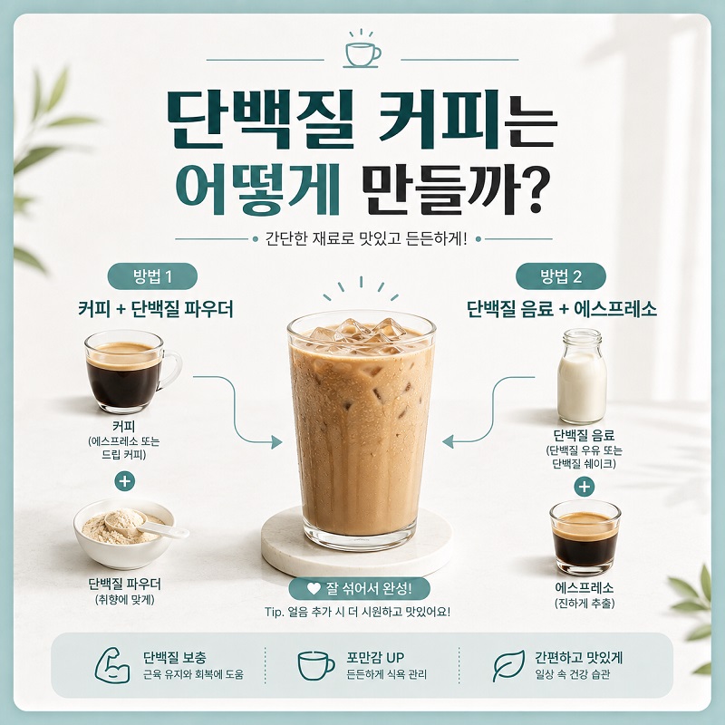 블랙커피에 단백질 파우더를 넣는 방법과 단백질 음료에 에스프레소를 섞는 모습을 보여주는 구성