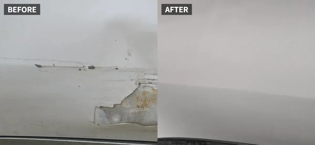 평택 지산동 카마스 외형복원에서 작업한 스포티지 도어 찌그러짐 판금도색 전후 비교 사진