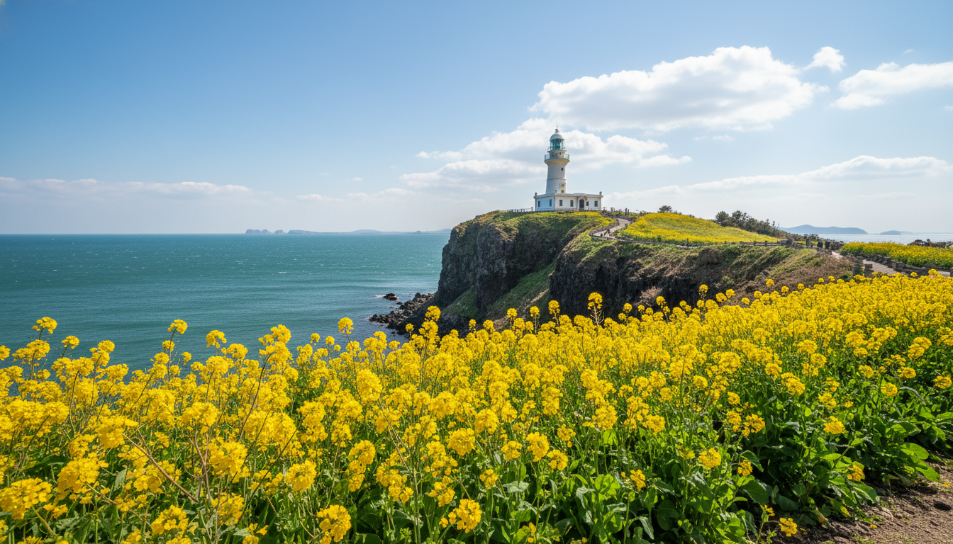 2026년 4월 유채꽃이 만발한 제주 우도등대의 평화로운 봄 풍경