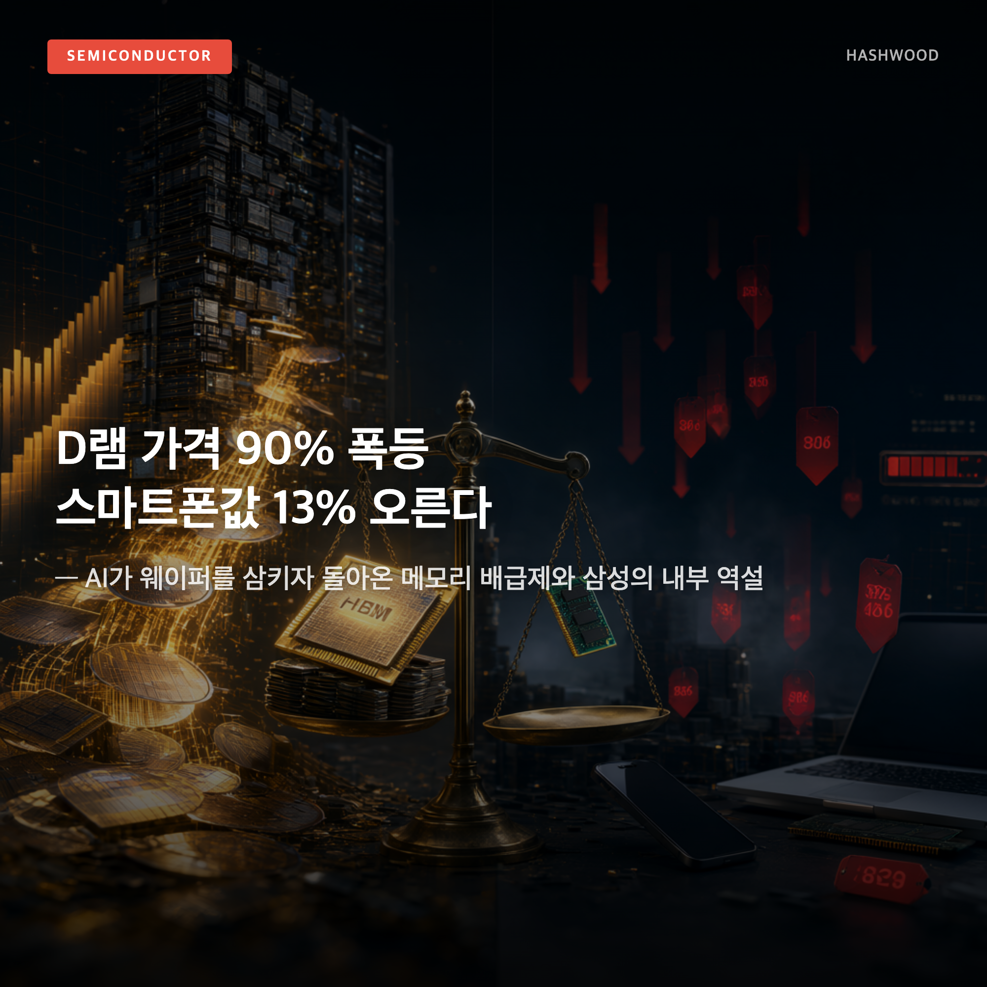 그림: D램 가격 90% 폭등 스마트폰값 13% 오른다 — — AI가 웨이퍼를 삼키자 돌아온 메모리 배급제와 삼성의 내부 역설