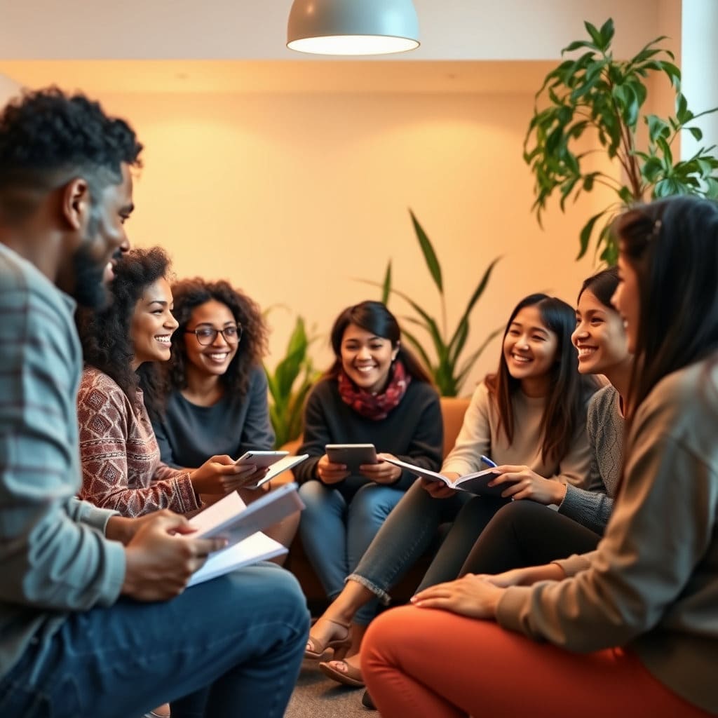 작은 그룹으로 모여 서로 대화하고 의견을 나누는 학습자들의 모습 (커뮤니티 형성 강조)