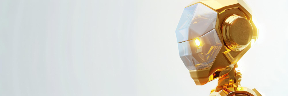 황금색과 투명한 재질의 미래적인 로봇이 고개를 숙이고 있는 3D 렌더링 이미지