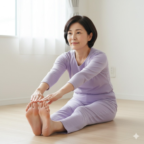 햇살이 들어오는 밝은 거실에서 편안한 복장을 한 여성이 요가 매트 위에 앉아 손가락과 발가락 끝을 자극하며 부드럽게 스트레칭을 하는 모습. 말초 신경 자극과 혈액순환 개선을 돕는 동작.