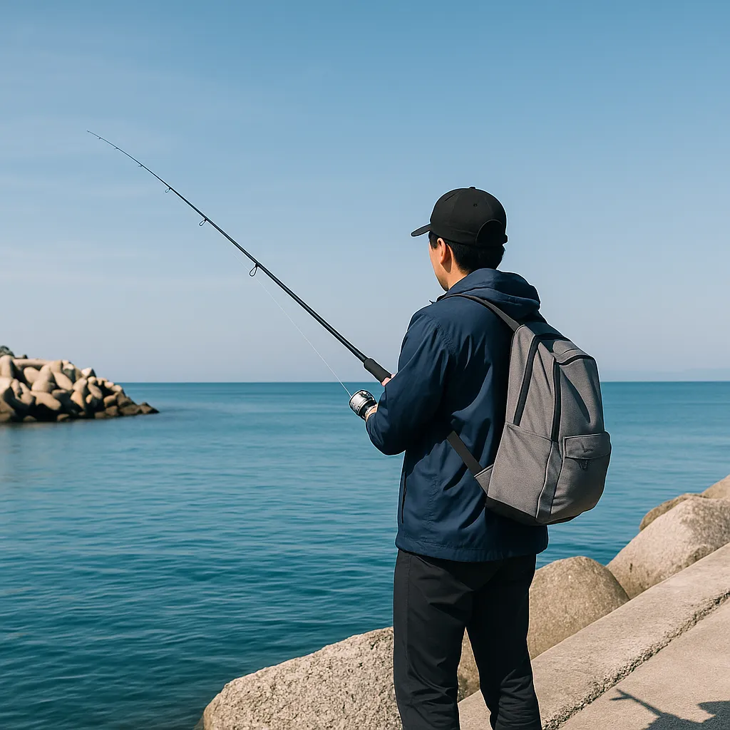 남해 방파제에서 낚시하는 낚시꾼의 뒷모습