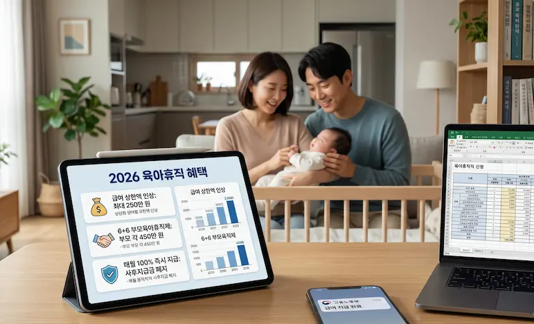 육아휴직 제도를 적극적으로 활용해 거실에서 아기와 함께 장난감을 가지고 놀며 편안한 시간을 보내고 있는 화목한 맞벌이 부부의 모습
