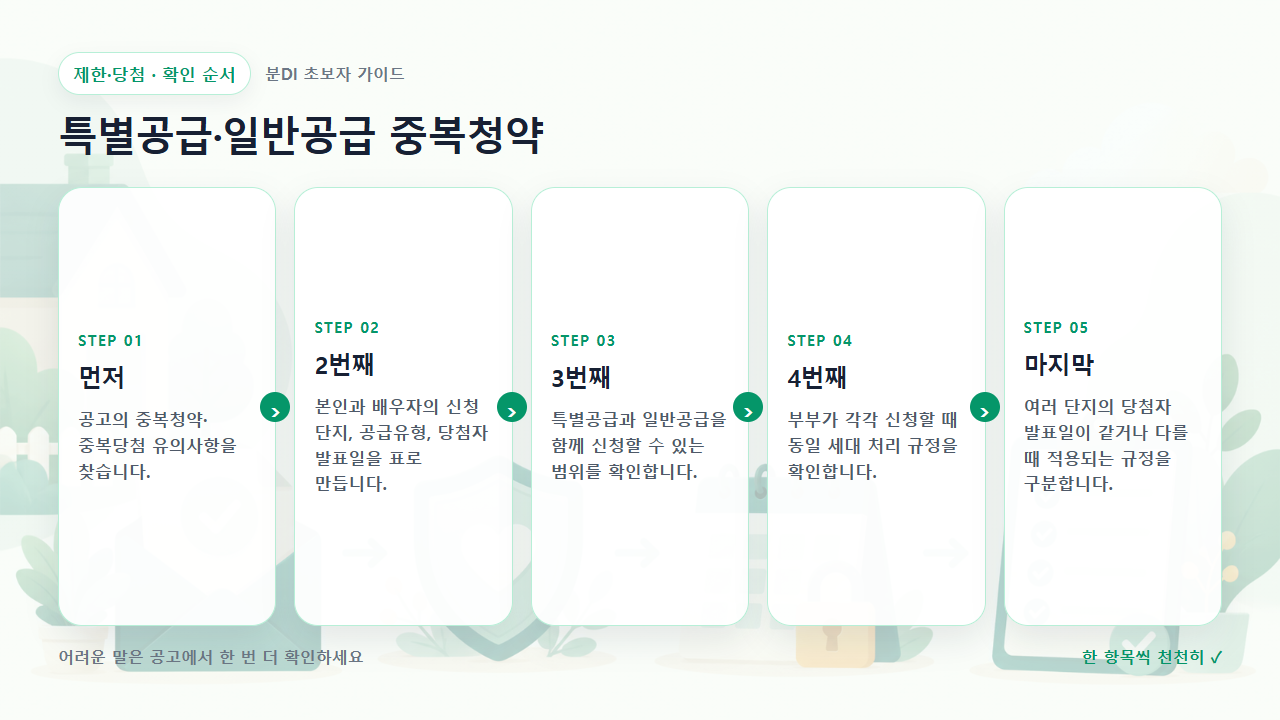 특별공급·일반공급 중복청약 확인 순서를 다섯 단계로 보여주는 흐름도