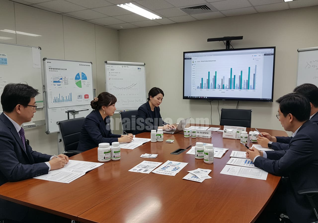 한국의 건강기능식품 기업 회의실에서 관계자들이 제품 품질관리와 소비자 신뢰 강화를 위한 전략을 논의하고 있는 장면입니다. 회의 테이블 위에는 데이터 차트, 제품 샘플, 패키징 시안 등이 놓여 있으며, 화면에는 그래프와 분석자료가 나타납니다.