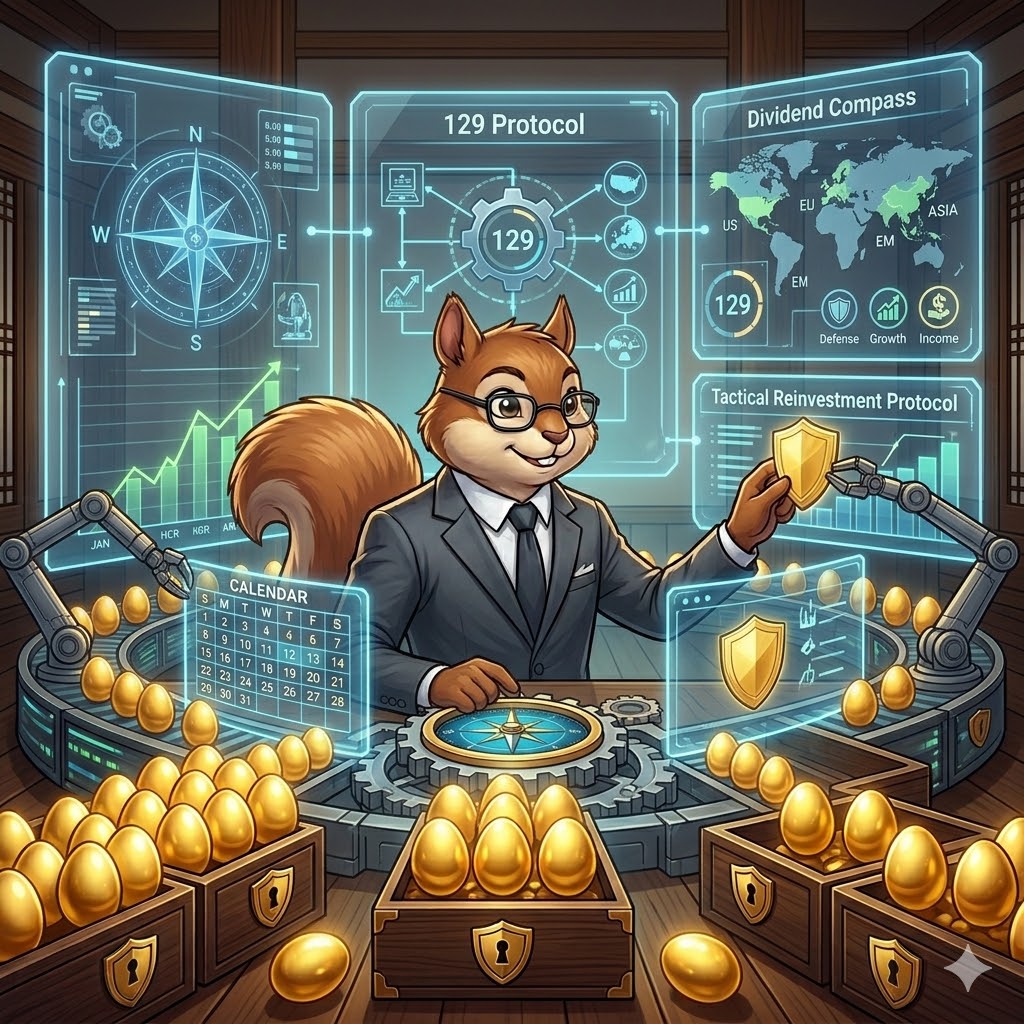 A dynamic visualization of Jaemina the squirrel asset manager orchestrating the multi-asset 129 Protocol blueprint across complex data screens and global maps.
