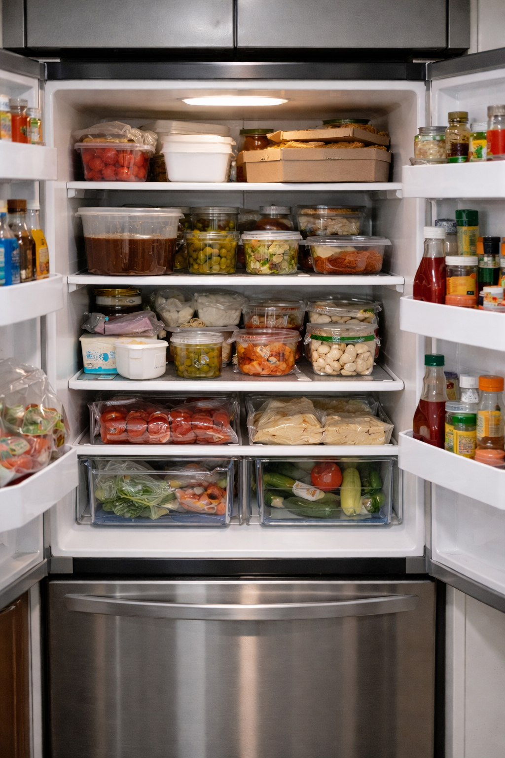 여러 칸으로 나뉜 냉장고 내부에 제각각 놓인 식재료와 반찬통들