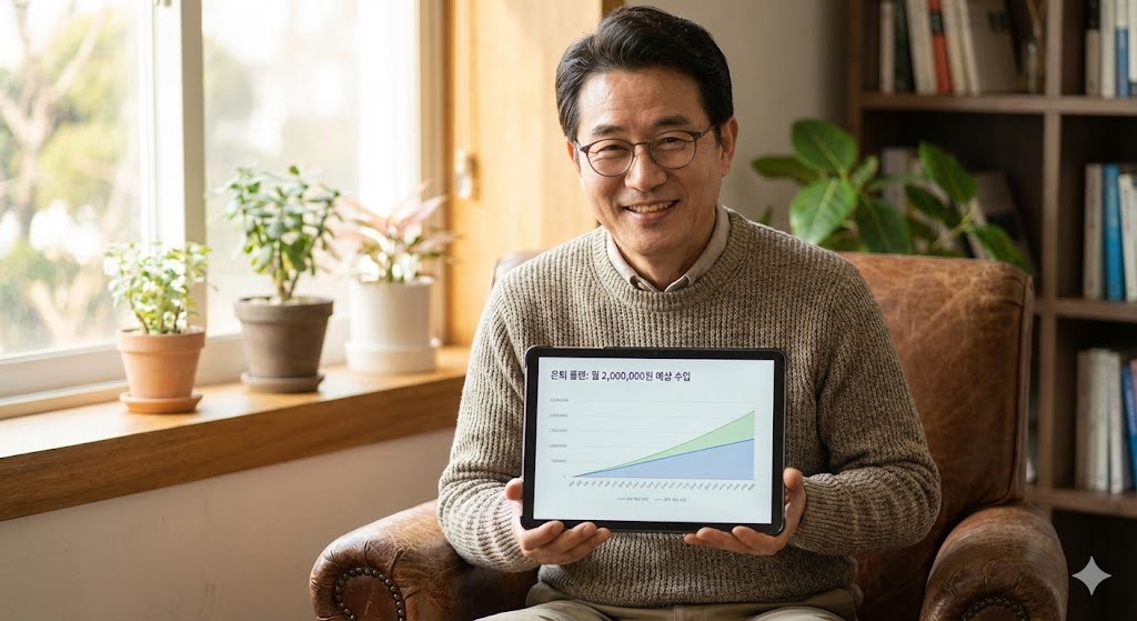 햇살 가득한 거실에서 월 200만 원의 입금 내역이 적힌 태블릿을 보며 평온하게 미소 짓는 50대 남성의 모습
