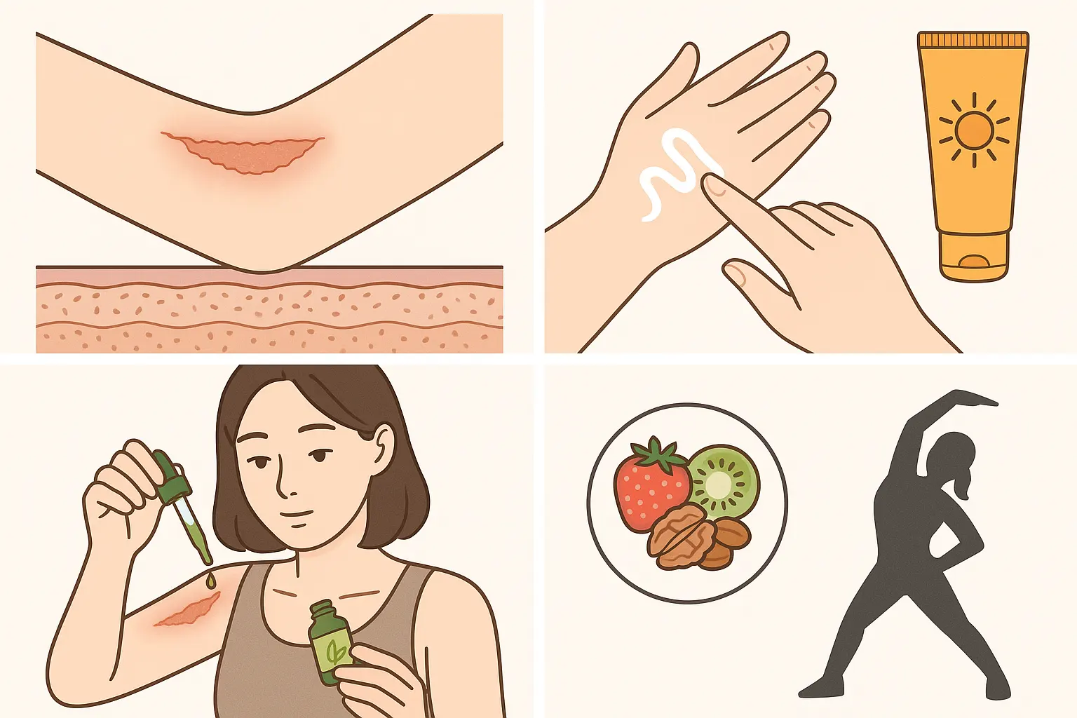 피부 재생 과정. 새살이 올라오는 팔 피부, 자외선 차단제를 바르는 장면, 재생 앰플(센텔라) 도포, 항산화 과일, 스트레칭