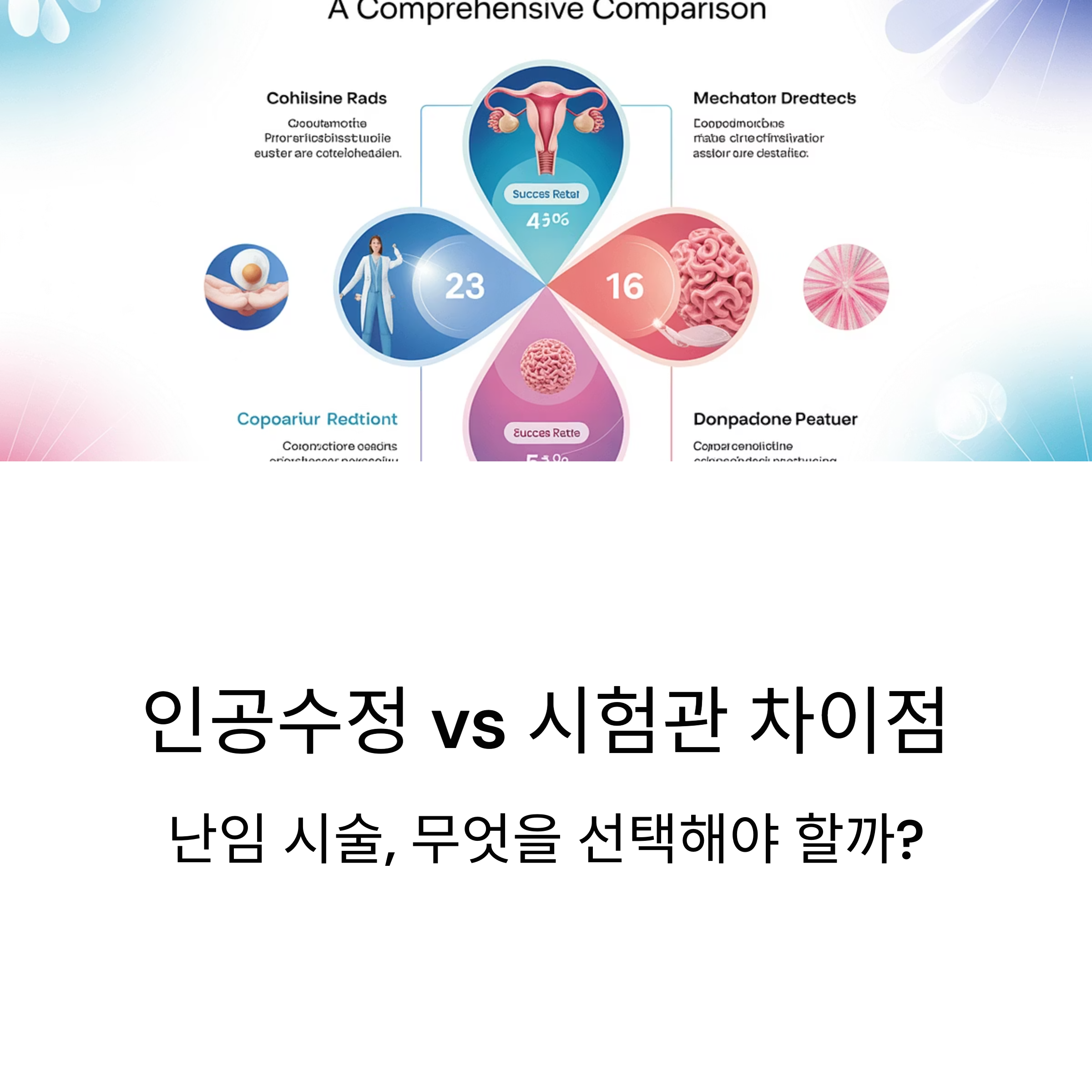 난임 시술 중 인공수정과 시험관아기의 성공률과 특징을 시각적으로 비교한 인포그래픽 이미지