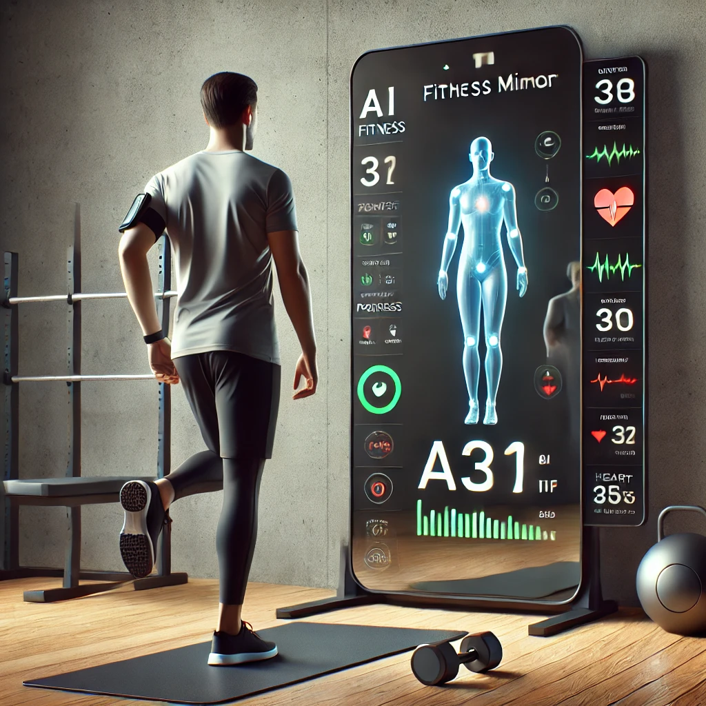 스마트 피트니스 미러를 사용해 운동하는 사람의 모습