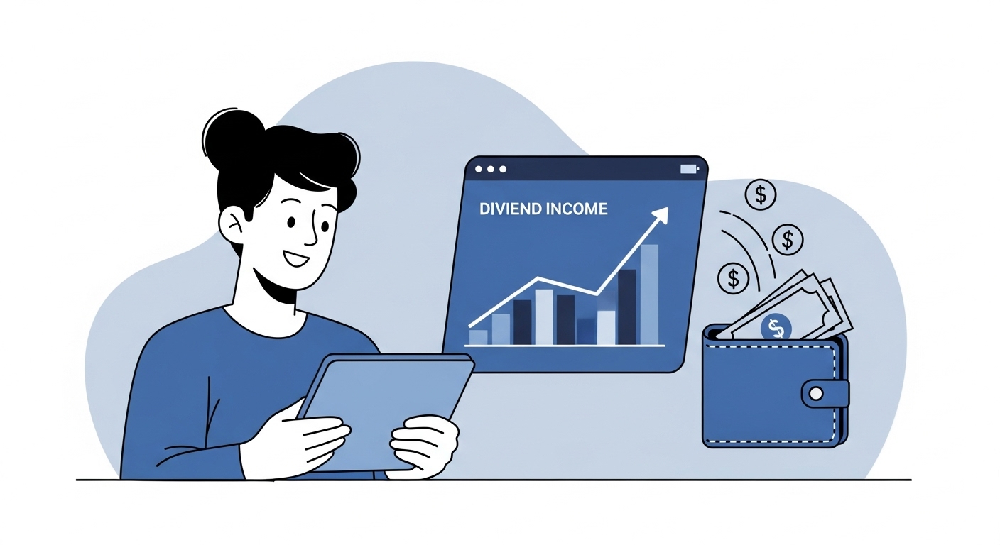 "A person smiling brightly while looking at a tablet showing a chart of a growing dividend income graph and a digital wallet with money flowing in. The background features blue and gray professional colors, emphasizing financial stability and growth. Style: Minimalist, modern, and high-quality illustration."