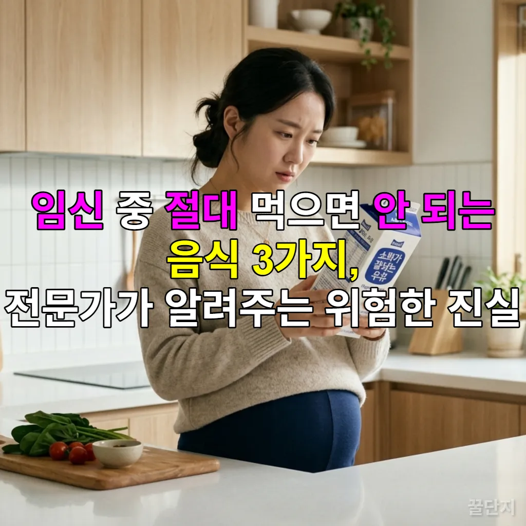 임신 중인 한국인 여성이 부엌에서 식품 라벨을 꼼꼼히 확인하고 있는 모습