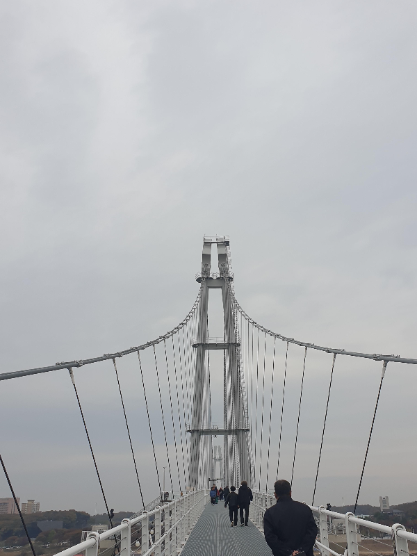 흐린 하늘을 배경으로 서 있는 출렁 다리. 많은 사람들이 건너고 있다.