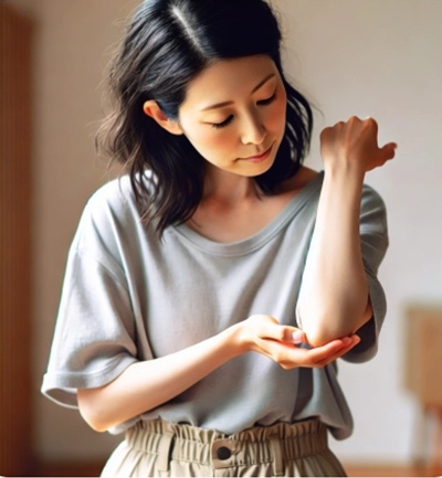 팔꿈치 살펴보는 여성