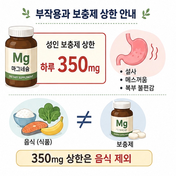 성인의 보충제·의약품 마그네슘 상한은 하루 350mg이며 과량 섭취 시 설사와 메스꺼움, 복부 불편감이 생길 수 있음을 정리한 이미지
