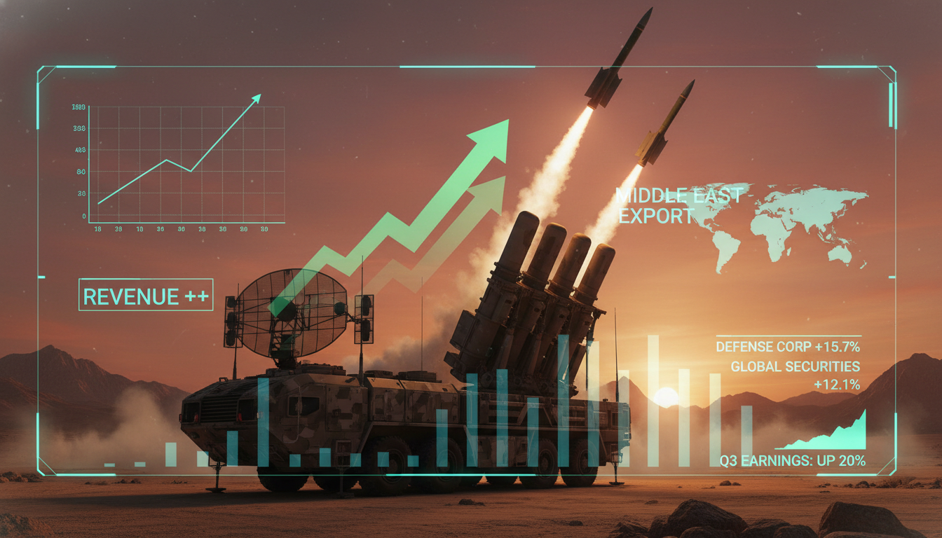 중동 사막 지대에서 발사 대기 중인 천궁 미사일과 방산주 상승 모멘텀 그래픽