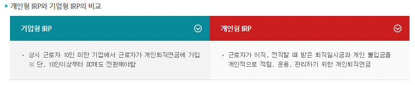 퇴직연금 제도 : 확정급여형(DB), 확정기여형(DC), 개인형퇴직연금(IRP)