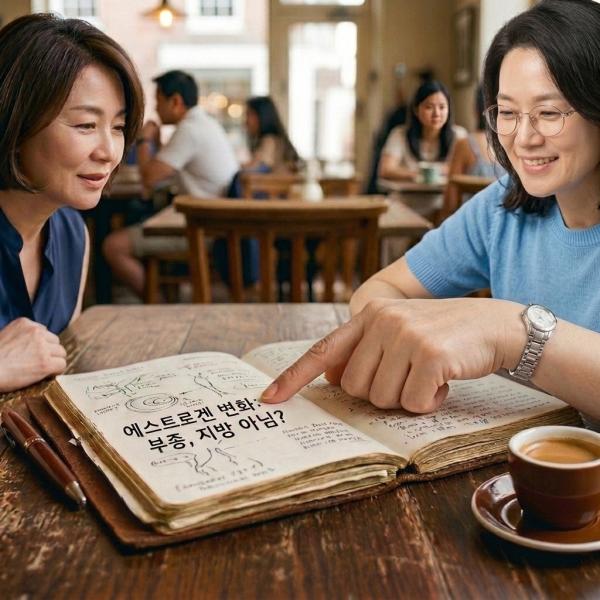 에스트로겐 변화와 부종, 지방의 상관관계'에 관한 메모가 적힌 노트를 함께 보며 상담 중인 두 중년 여성의 모습