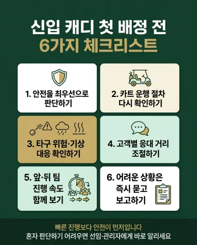 신입 캐디가 첫 배정 전 확인할 안전 우선 판단, 카트 운행, 타구 위험과 기상 대응, 고객 응대, 팀 진행 속도, 선임과 관리자 보고 기준