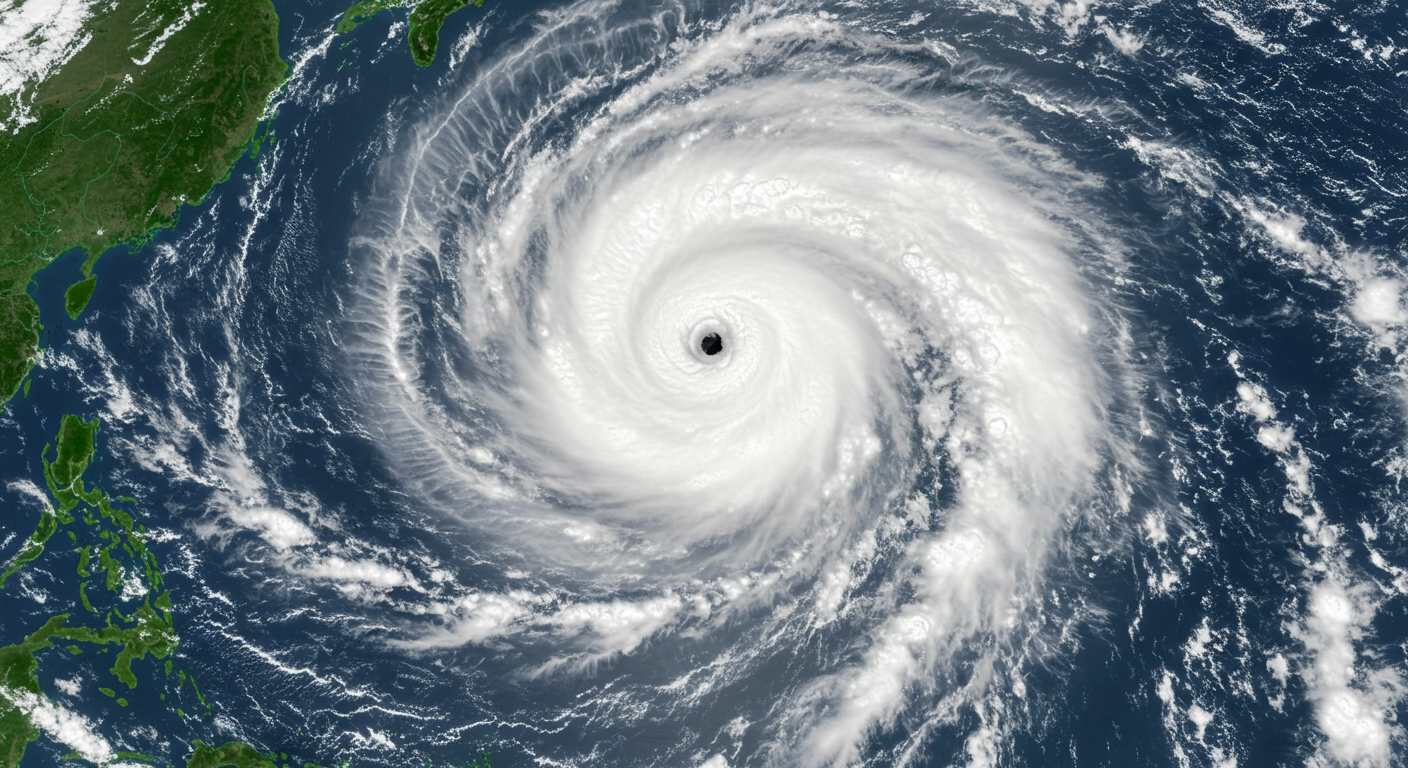 태풍의 눈을 중심으로 소용돌이치는 구름대를 담은 위성 이미지. 강력한 열대성 저기압의 구조를 시각적으로 보여줌