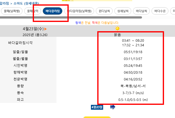 서해안 물때표 시간 확인 사이트