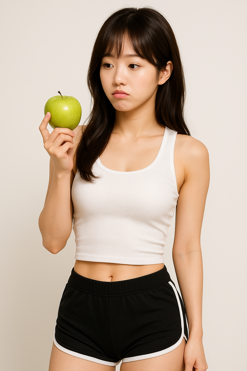 과일을 먹을지 말지 고민하는 여자