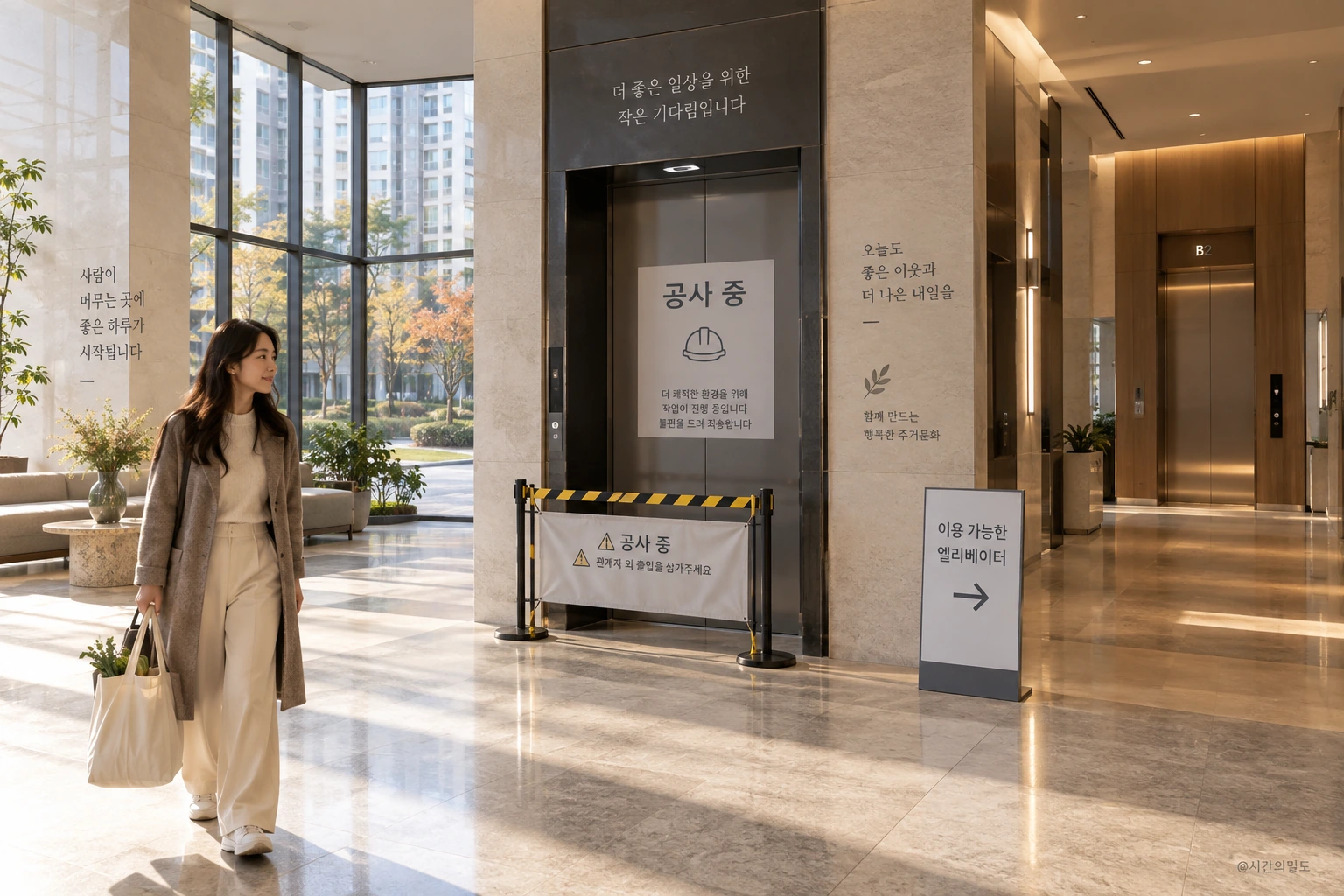 공사 구역과 이용 가능한 동선을 분리해 안내하는 한국 아파트 로비