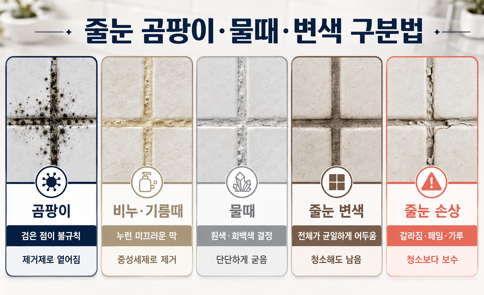 욕실 줄눈 곰팡이 물때 변색 손상 특징 비교