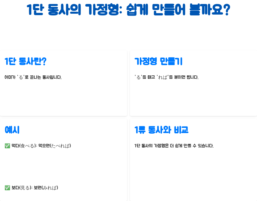 일본어 강의: 1류동사 'ば'형 마스터하기, 이제 쉽게 조건 표현! - 1단 동사의 가정형: 쉽게 만들어 볼까요? 일본어 강의: 1류동사 'ば'형 마스터하기, 이제 쉽게 조건 표현! - 1단 동사의 가정형: 쉽게 만들어 볼까요?