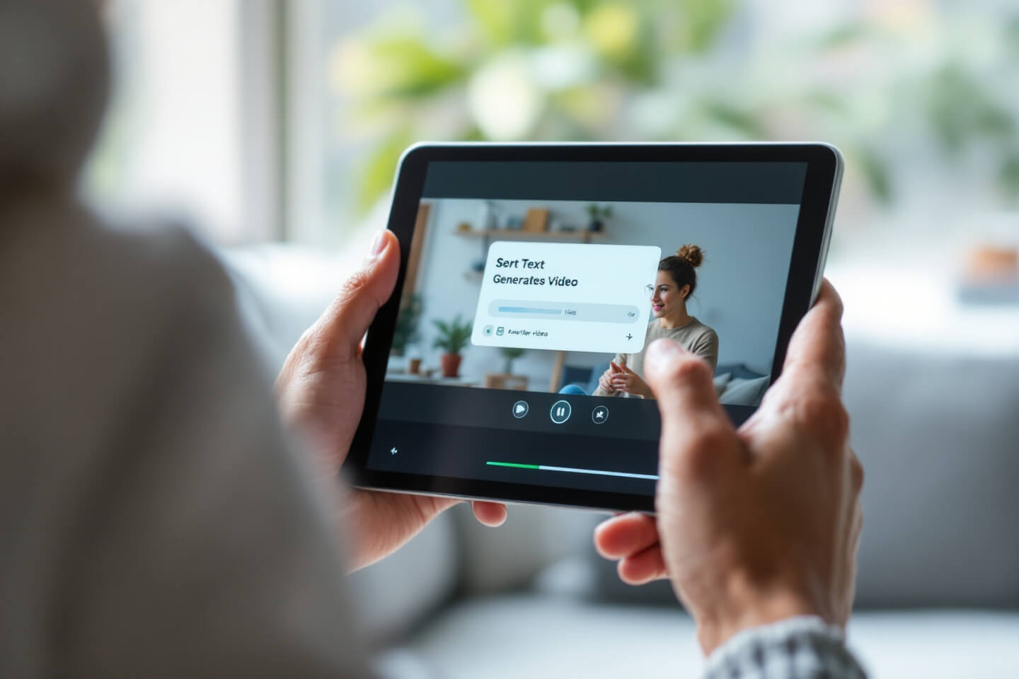 태블릿 화면에 Sora 인터페이스가 표시되어 있으며, 텍스트를 입력해 비디오를 생성하는 과정이 진행 중인 모습. 화면에는 '텍스트 입력 후 비디오 생성'이라는 메시지와 진행 바가 보인다. 사용자 손이 태블릿을 잡고 있는 장면