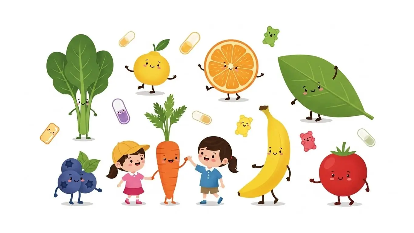 아이의 생애주기별 성장 과정과 각 시기에 필요한 핵심 영양소가 강조된 교육적인 일러스트입니다.