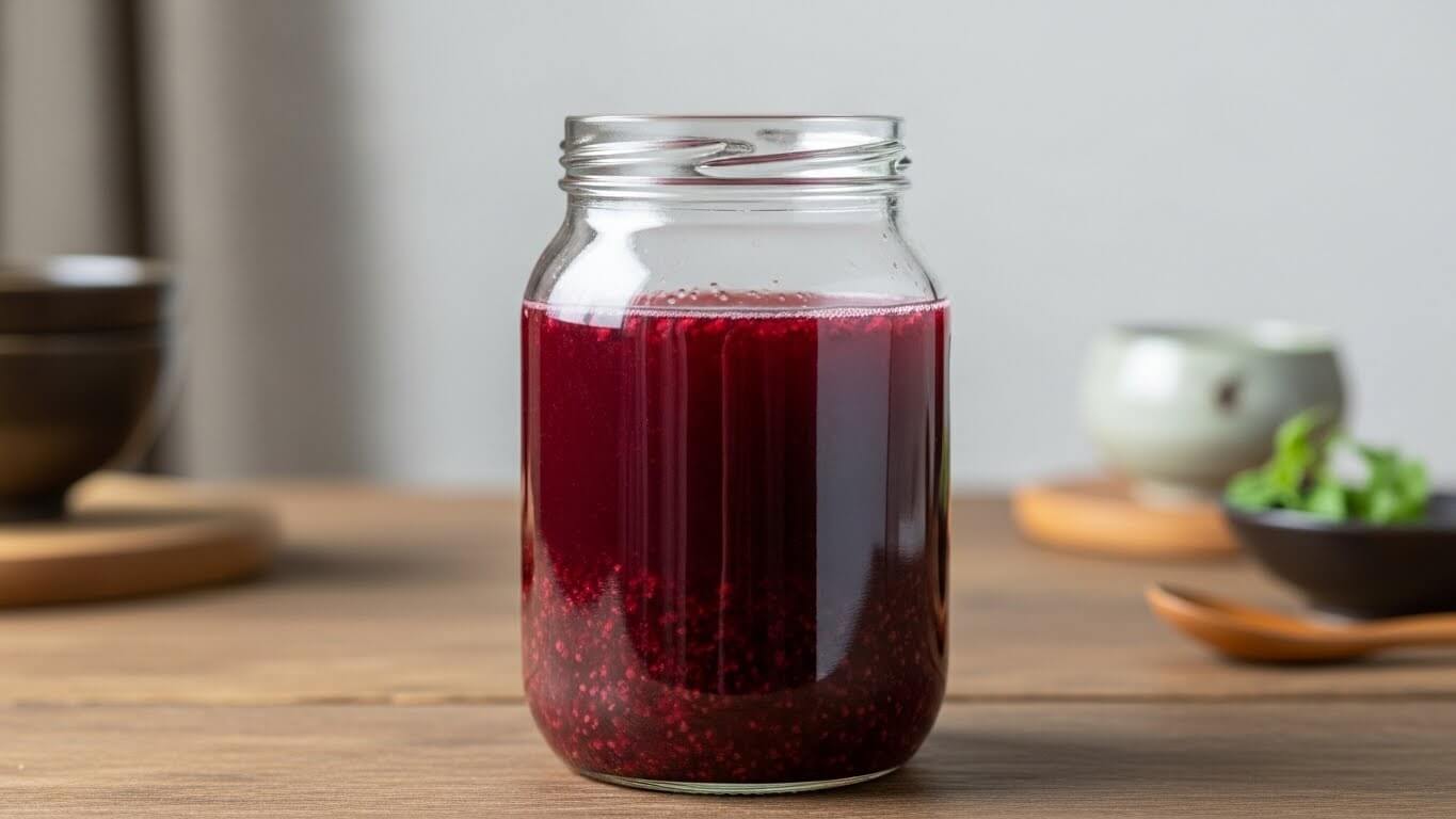 숙성 중인 복분자청, 유리병 안에 농축된 복분자 과육과 붉은 색감