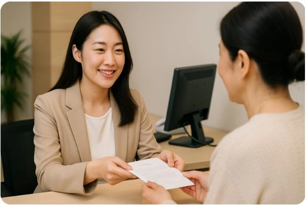 병원 원무과 직원이 환자를 친절하게 응대하는 장면