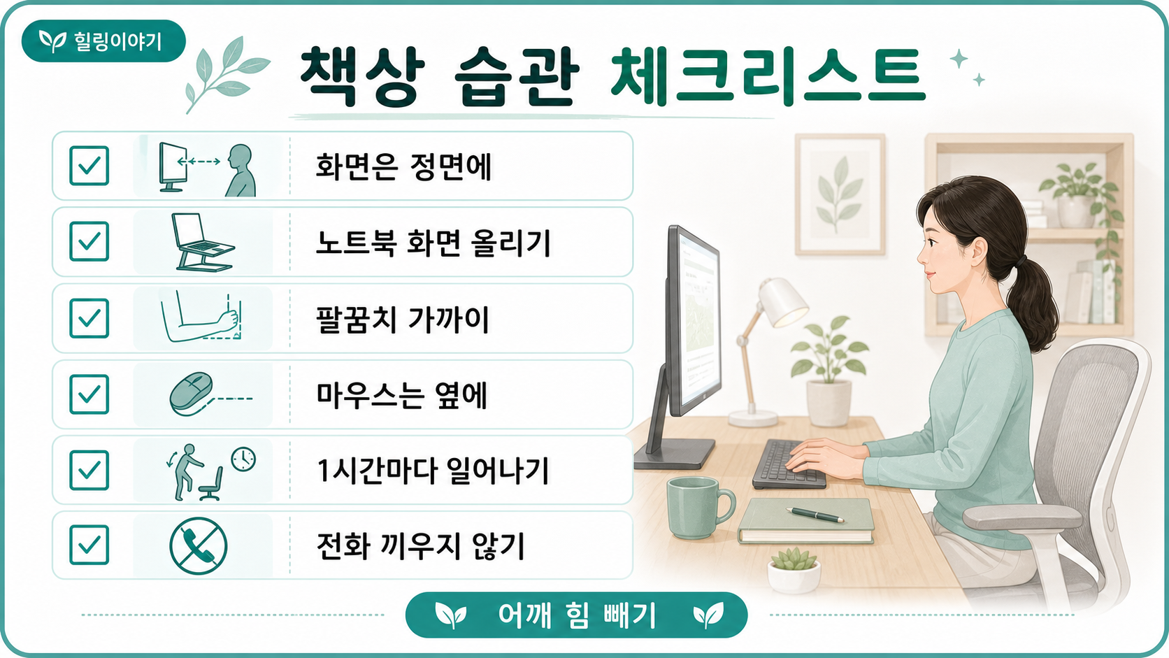컴퓨터 오래 하면 어깨가 뭉치는 이유를 줄이기 위한 책상 습관 체크리스트 카드