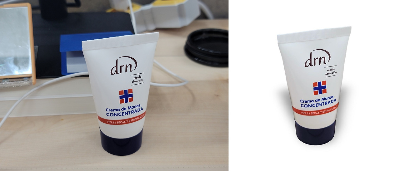 （左）元の写真、（右）ドラップアートが生成した白背景写真