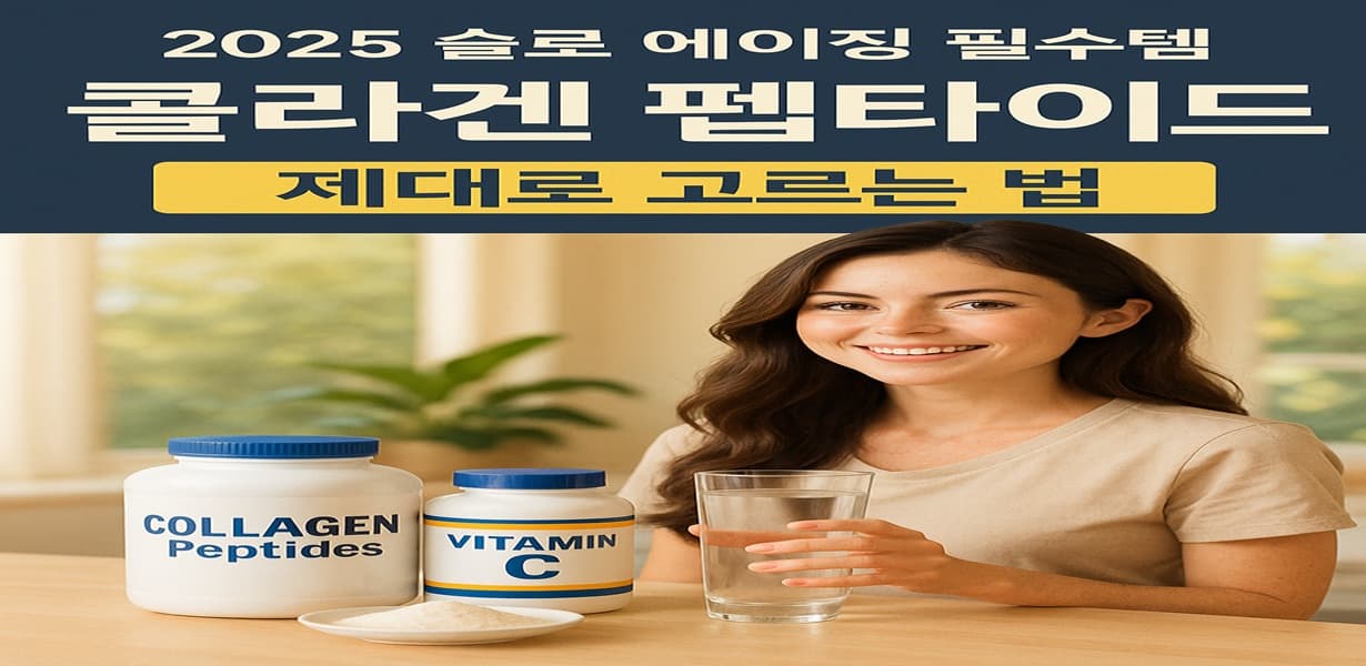 슬로 에이징을 위한 콜라겐 펩타이드와 비타민C 제품을 배경으로, 건강하고 환하게 웃는 여성