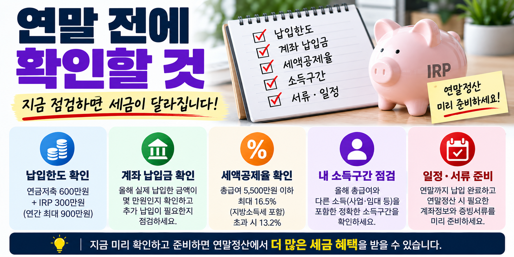 IRP 연금저축 연말정산 납입한도 세액공제율 체크리스트
