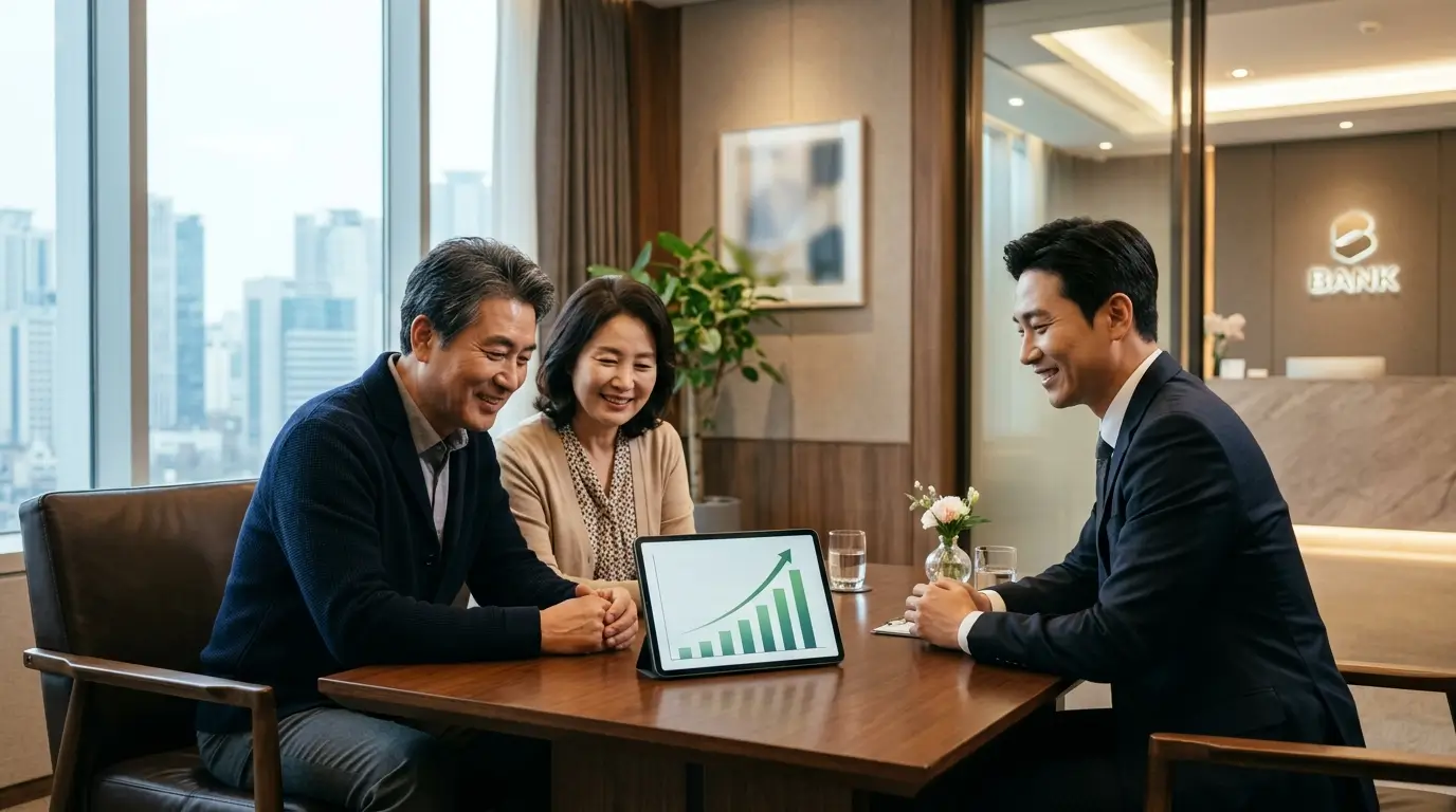 은행 프라이빗 상담실에서 50대 부부가 태블릿으로 아파트 시세와 한도 그래프를 확인하며 안도하는 모습