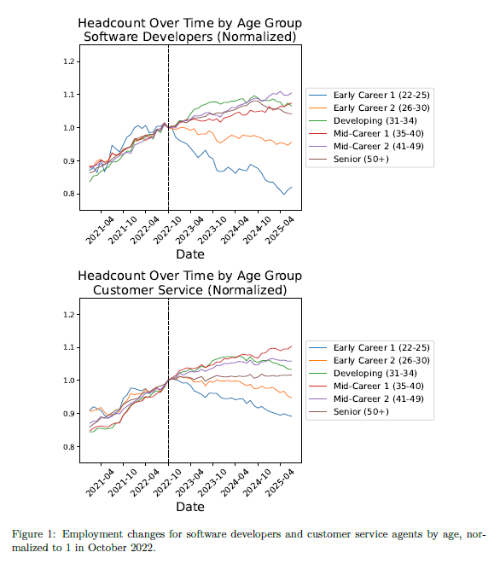 22~25세 근로자의 고용이 20% 가까이 급감한 데이터를 보여주는 그림