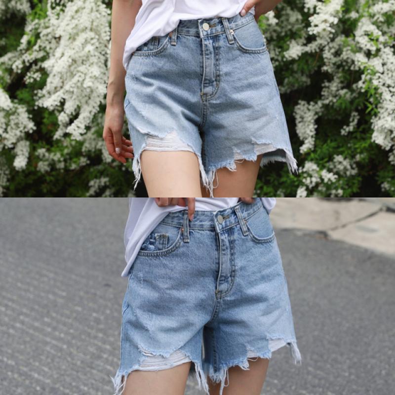 빅사이즈 A라인 디스트로이드 찢청 연청 데님 청반바지