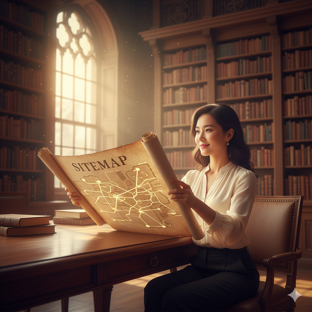고풍스러운 도서관에서 여성이 빛나는 사이트맵 지도를 펼쳐보며 미소 짓는 모습