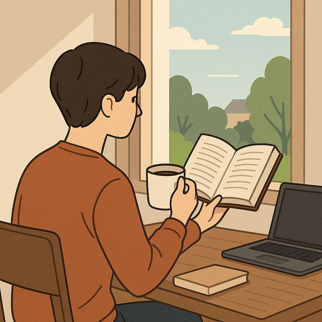 조용한 분위기의 개인 공간에서 커피와 책을 즐기는 사람 이미지