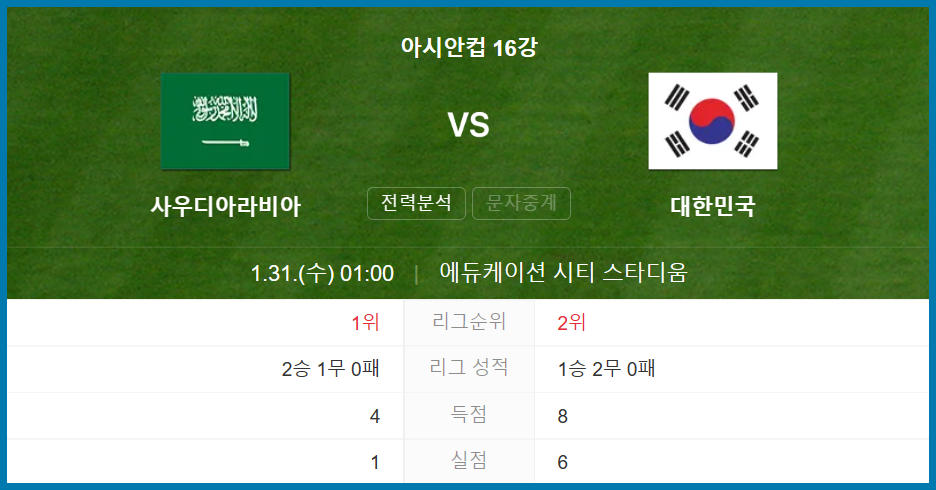 아시안컵 16강 경기중계 한국 vs 사우디아라비아