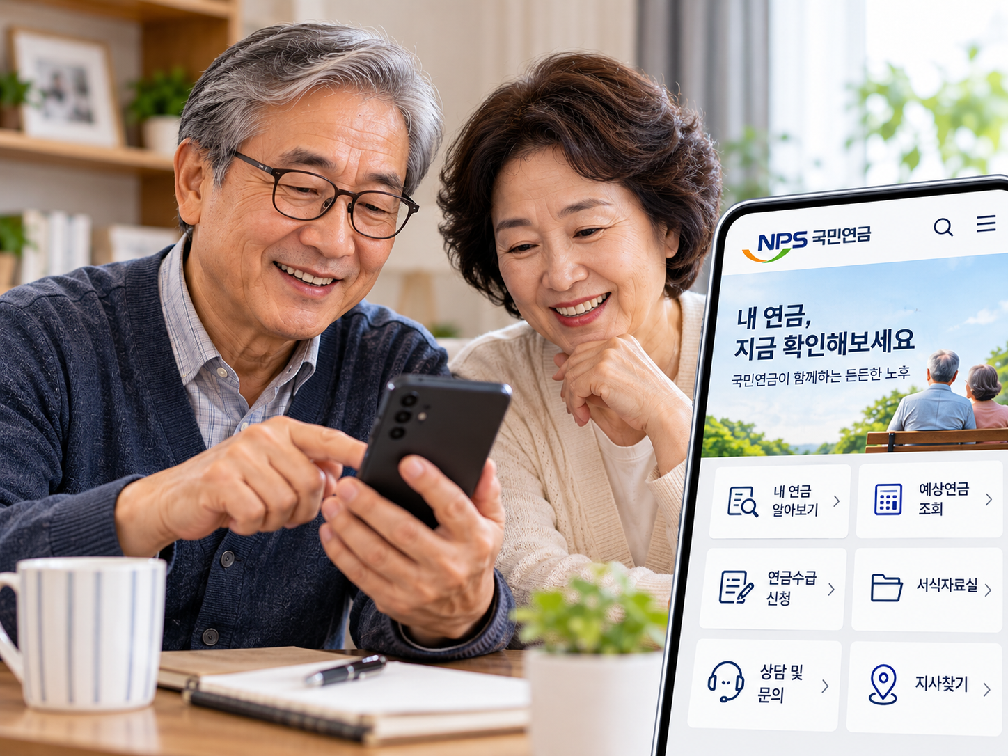 스마트폰으로 국민연금 정보를 확인하는 60대 부부의 모습의 이미지