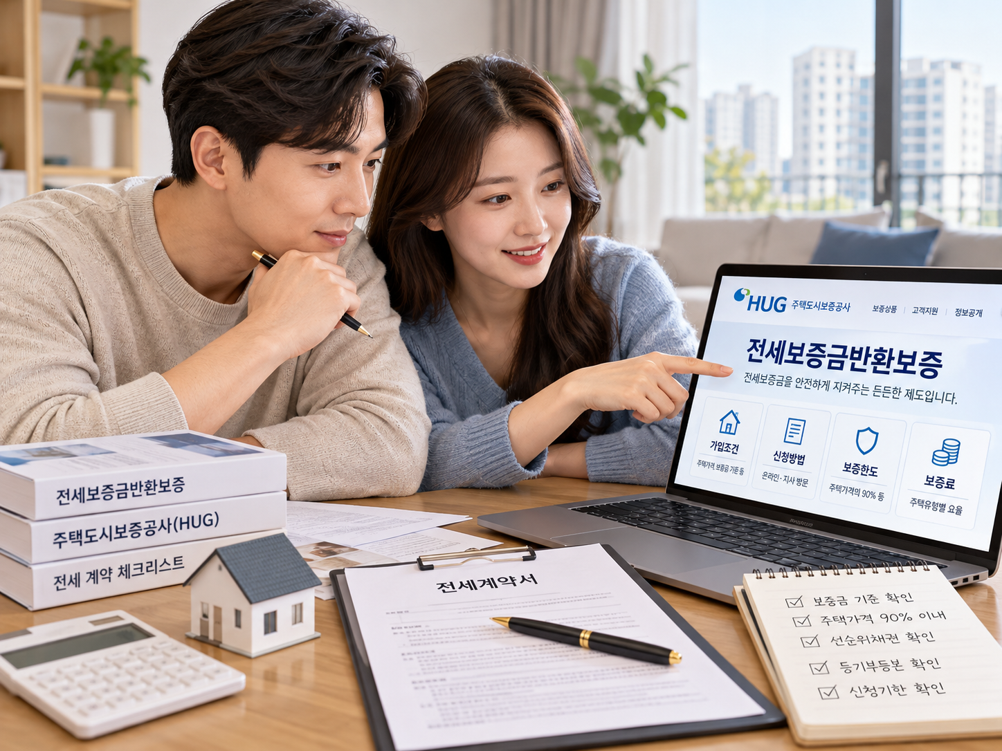전세 계약 전 보증보험 가입조건을 확인하는 부부의 이미지