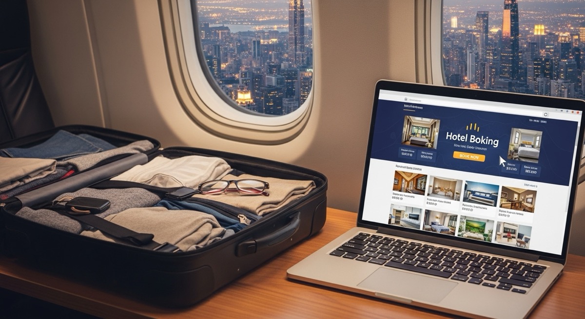 해외 숙소 예약을 위해 노트북으로 호텔을 검색하는 모습
