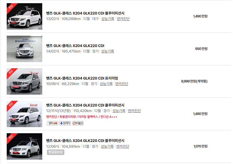 벤츠 GLK 중고차 가격 시세표 24년